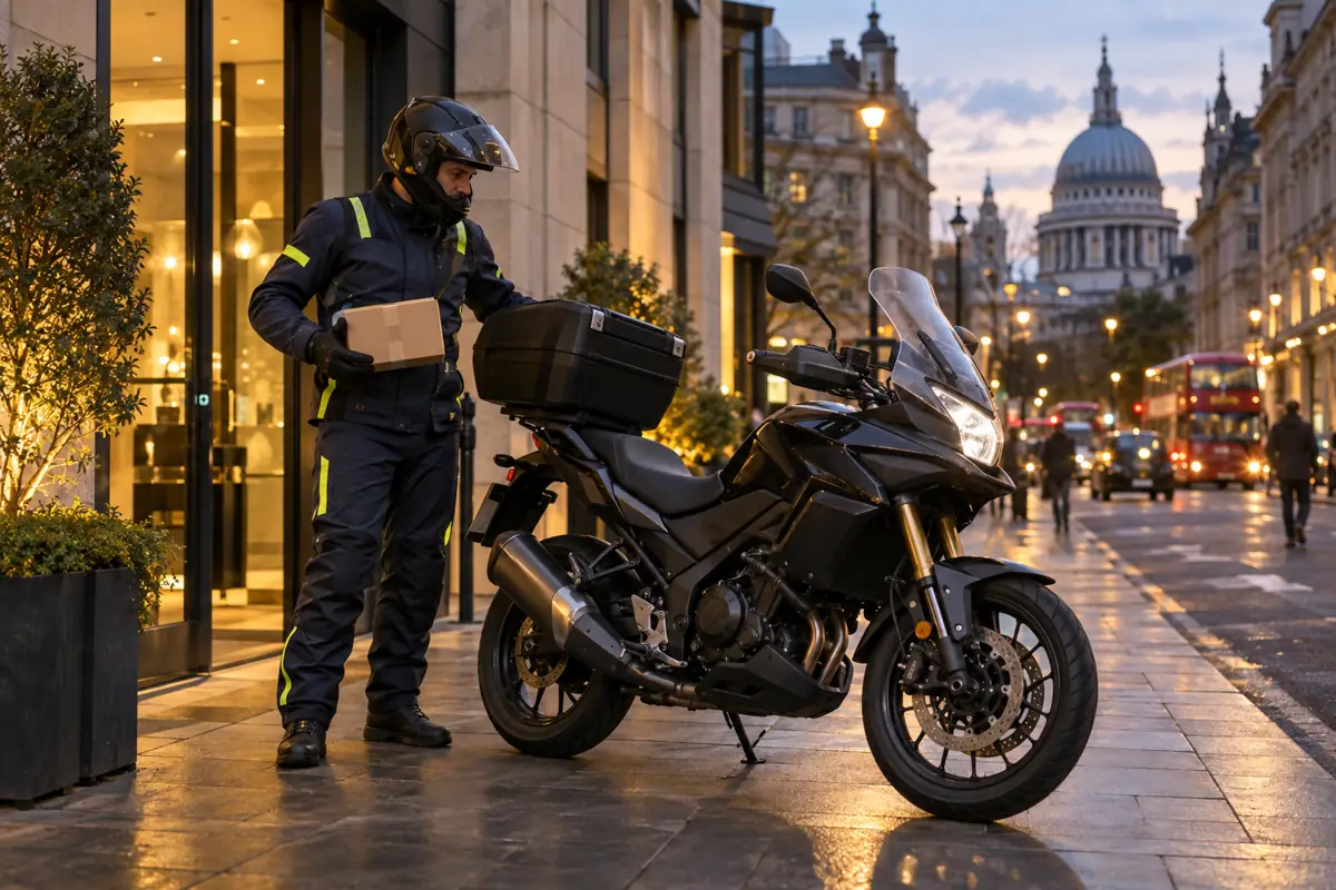 Motorcycle courier with secure small consignment, on an evening collection route
