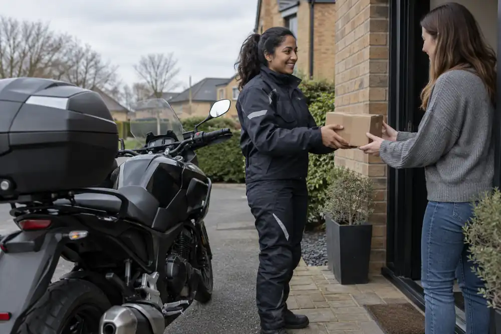 Motorcycle courier with secure small consignment, providing urgent parcel delivery service